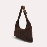 Natural Woven Curved Shoulder Bag - Chocolate