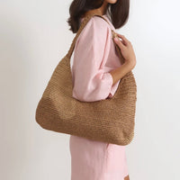 Natural Woven Curved Shoulder Bag - Camel