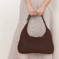 Natural Woven Curved Shoulder Bag - Chocolate
