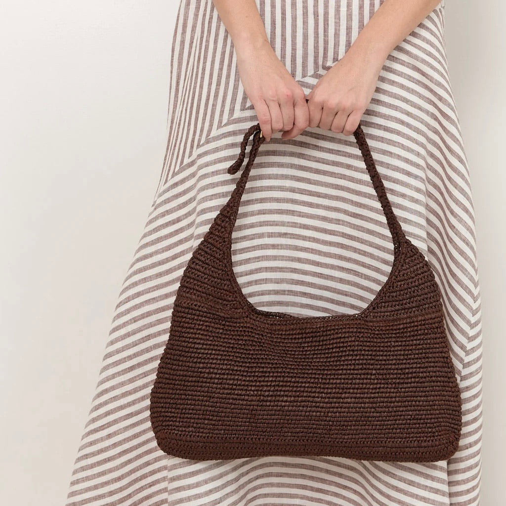 Natural Woven Curved Shoulder Bag - Chocolate