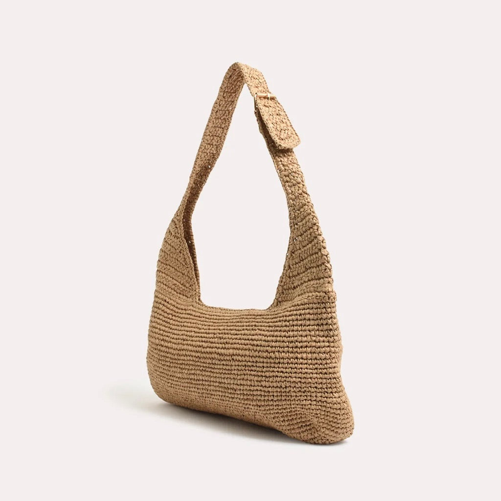 Natural Woven Curved Shoulder Bag - Camel