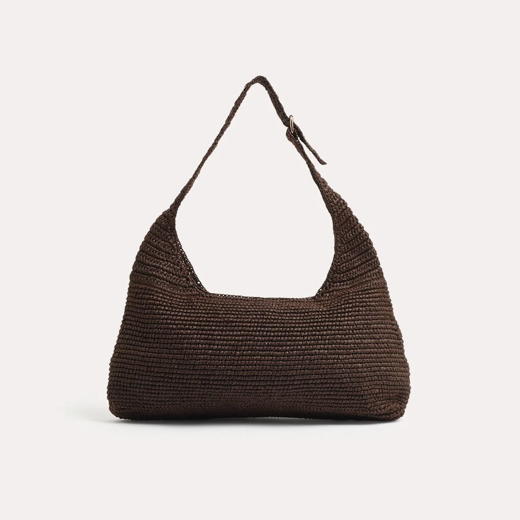 Natural Woven Curved Shoulder Bag - Chocolate