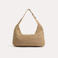 Natural Woven Curved Shoulder Bag - Camel