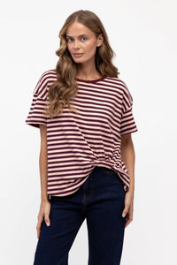 LABEL OF LOVE Easy Tuck Stripe Tee - Blush / Burgundy TOPS