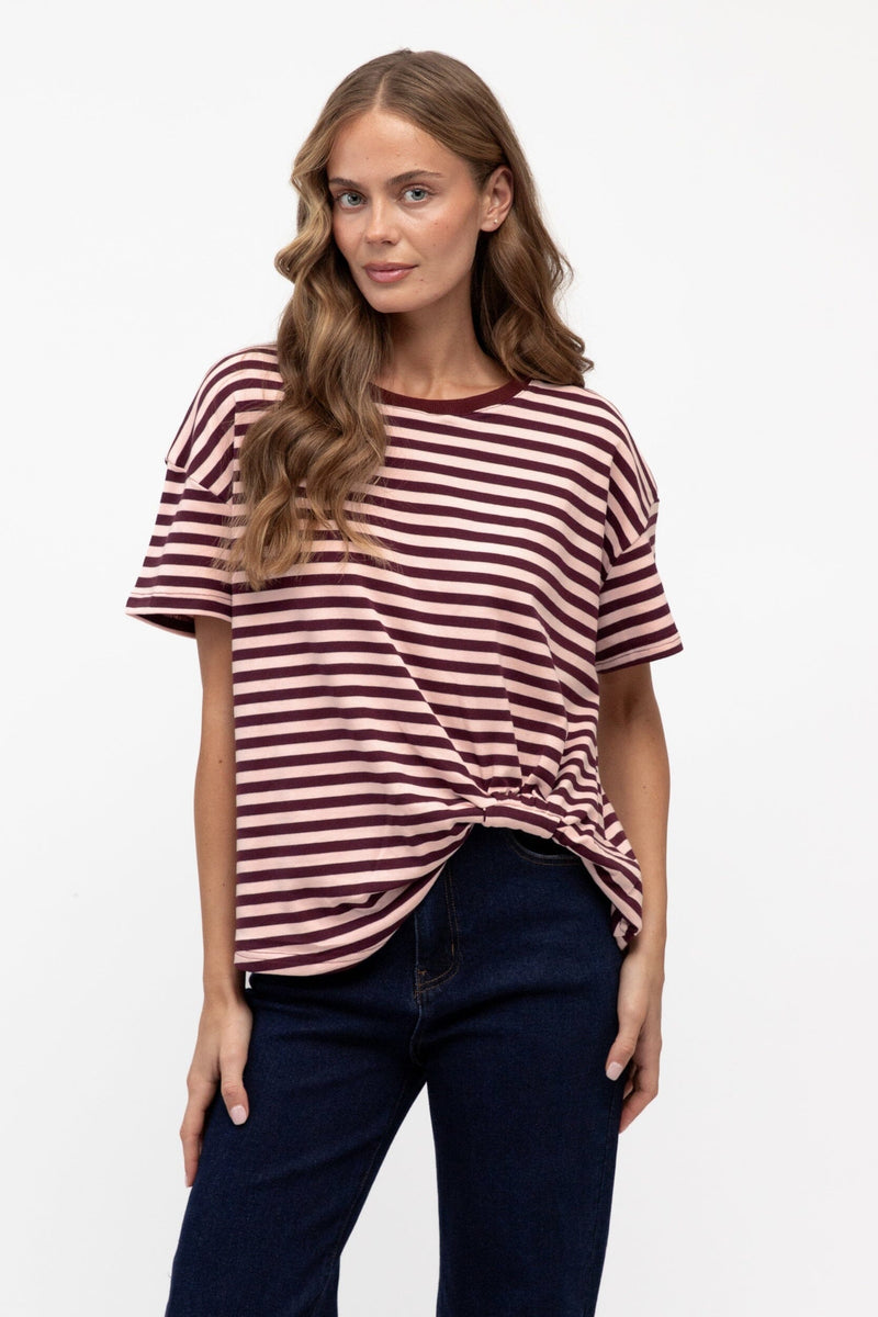 LABEL OF LOVE Easy Tuck Stripe Tee - Blush / Burgundy TOPS