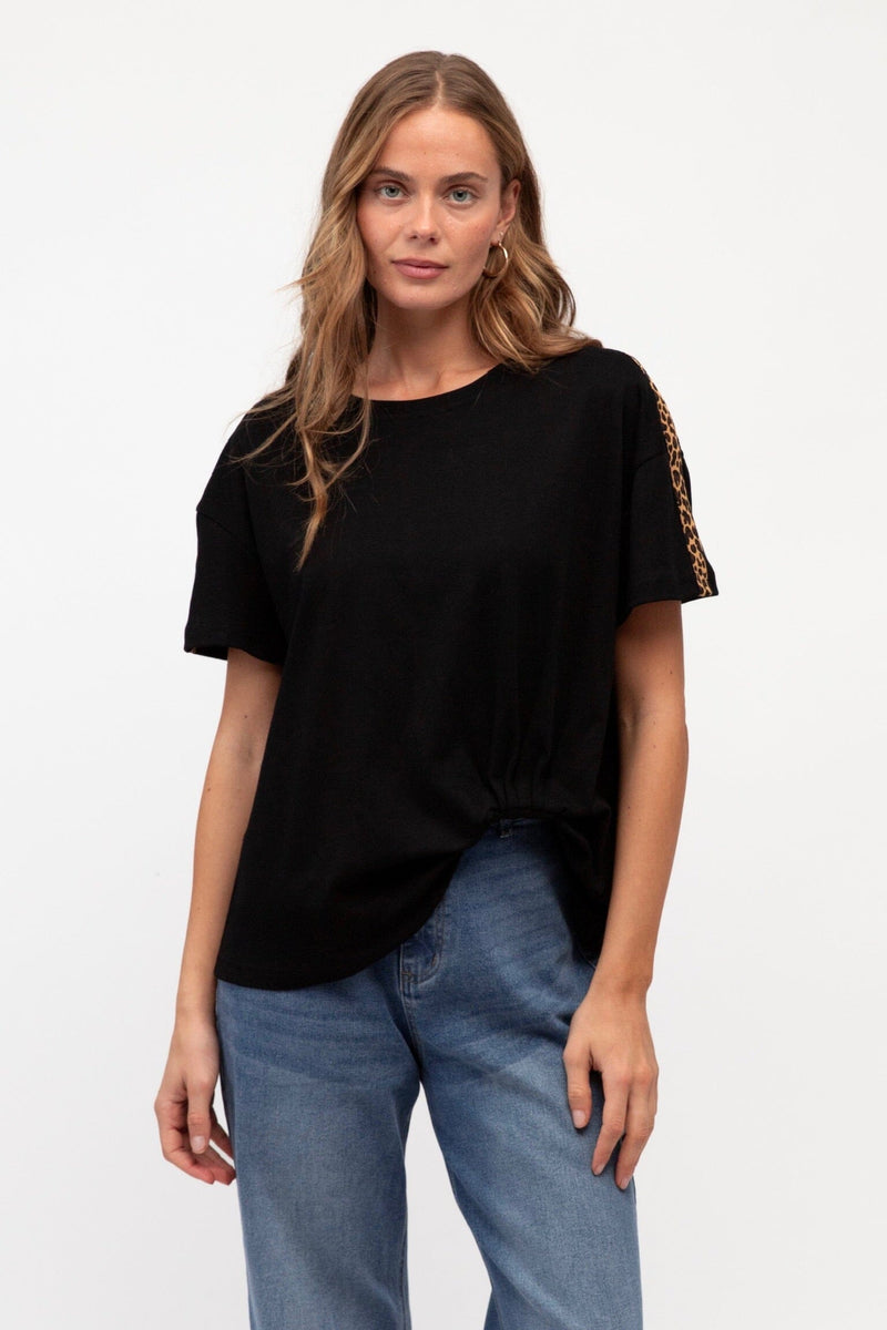 LABEL OF LOVE Leopard Sleeve Detail Tee - Black TOPS