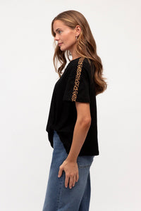 LABEL OF LOVE Leopard Sleeve Detail Tee - Black TOPS