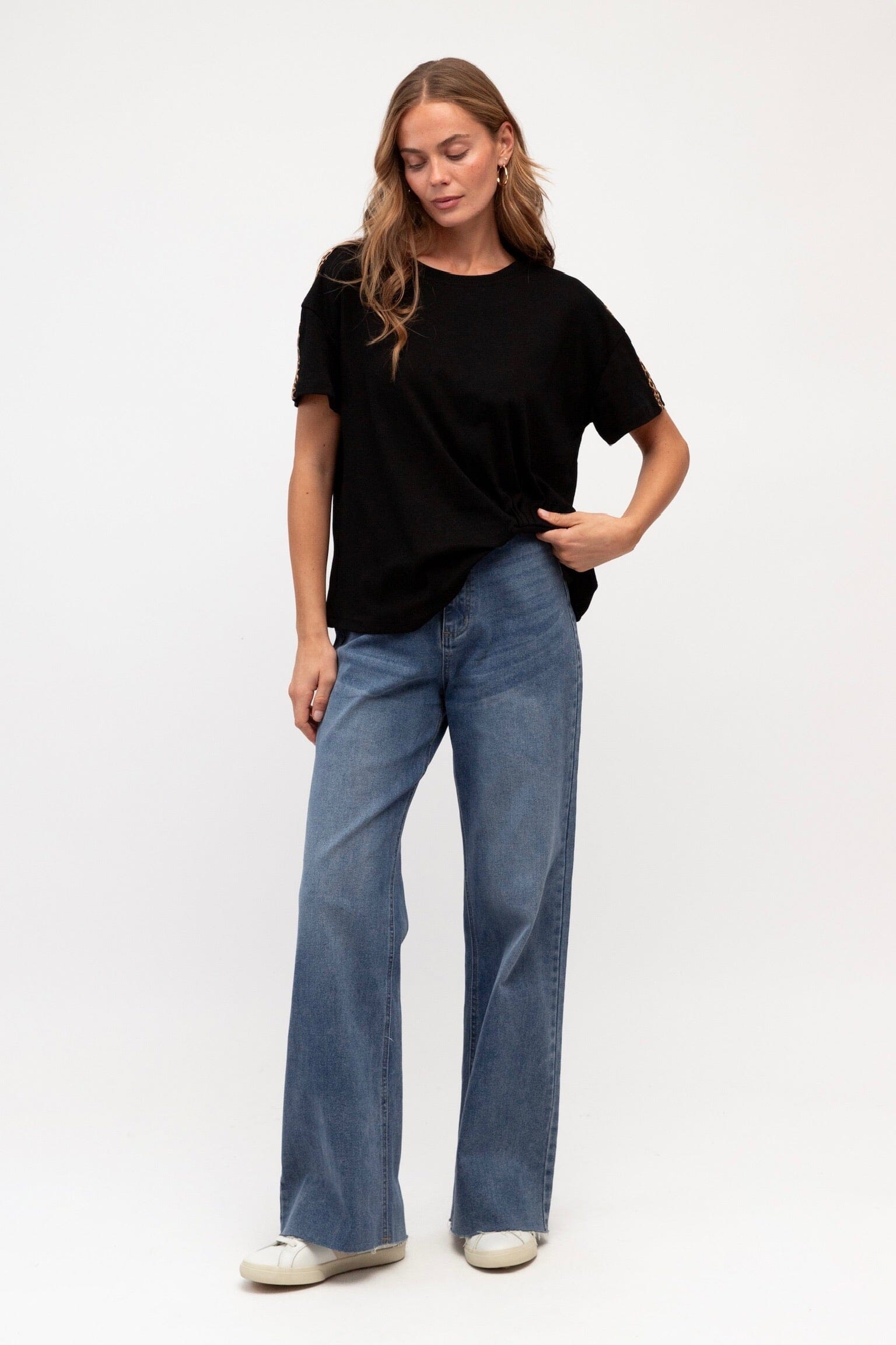 LABEL OF LOVE Leopard Sleeve Detail Tee - Black TOPS