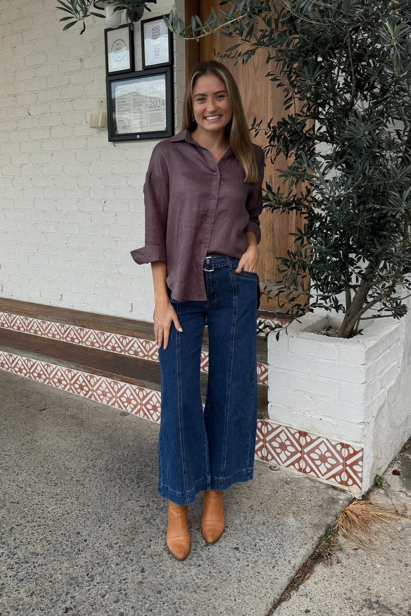 LITTLE LIES Boyfriend Linen Shirt - Grape TOPS