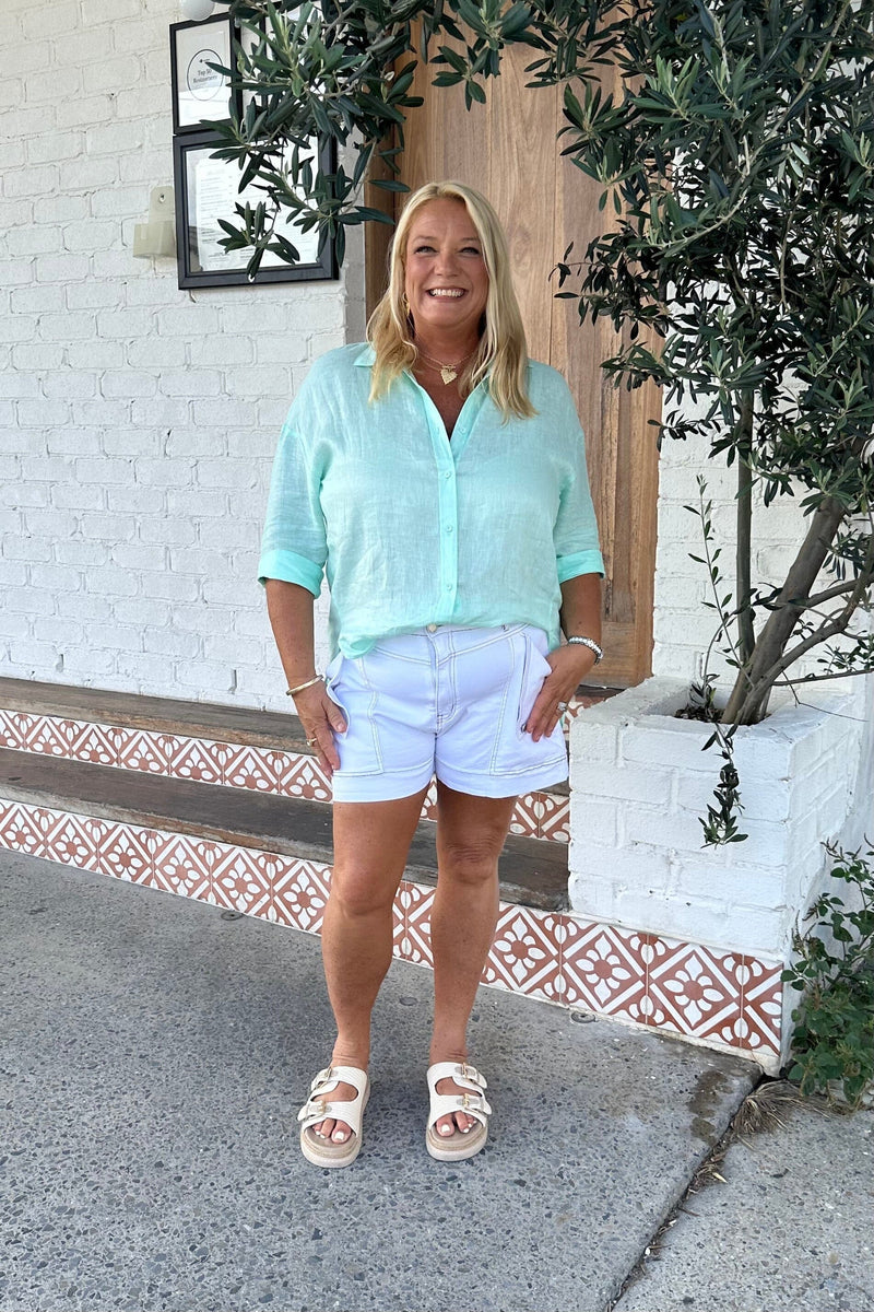 LITTLE LIES Boyfriend Linen Shirt - Ocean Air TOPS