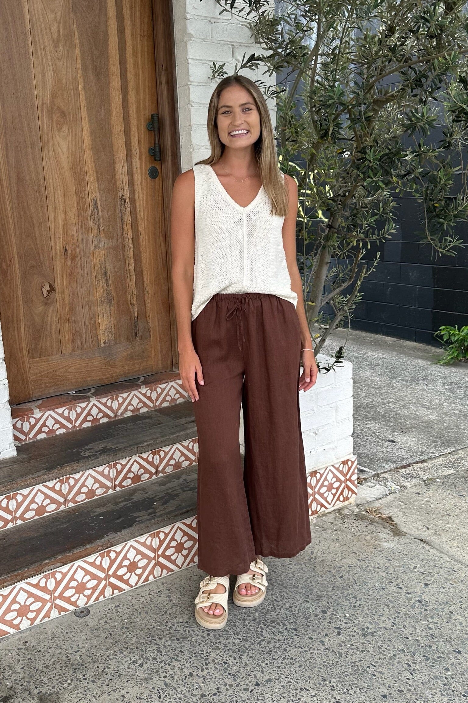 LITTLE LIES Tara Linen Pant - Chocolate BOTTOMS