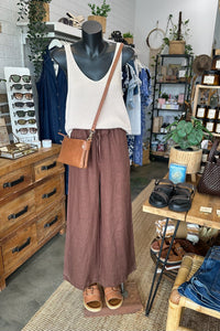 LITTLE LIES Tara Linen Pant - Chocolate BOTTOMS